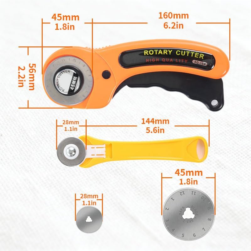 VortecSys Rotary Cutter for Fabric, 45mm and 28mm Rotary Cutters Kit with Extra 10 Blades, Ergonomic Rolling Cutter with Safety Lock, Suitable for Leather, Crafting, Sewing, and Quilting Fabric (Orange) - Image 2